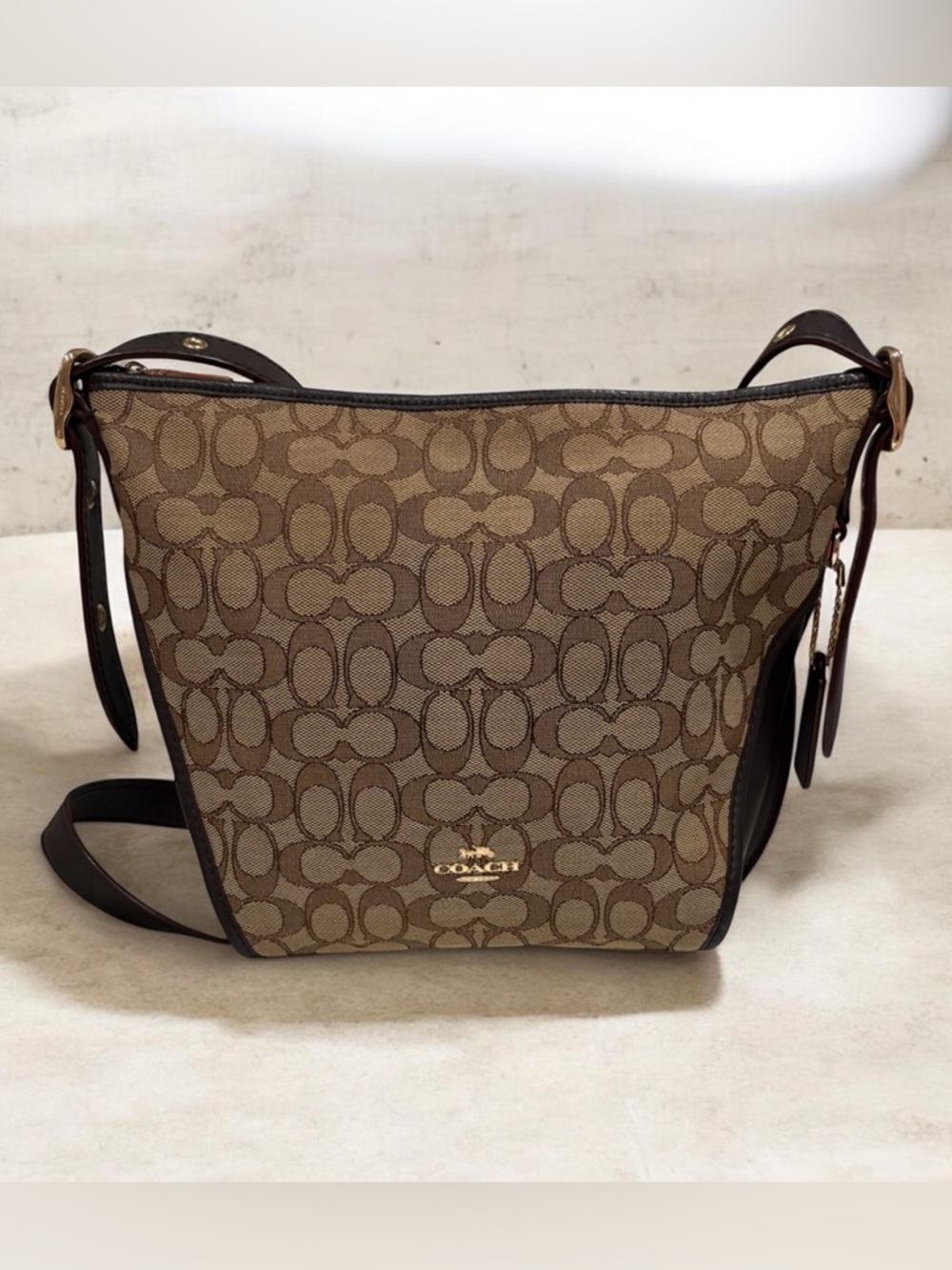 Coach Brown Signature Canvas Crossbody Bag with Dark Brown Trim